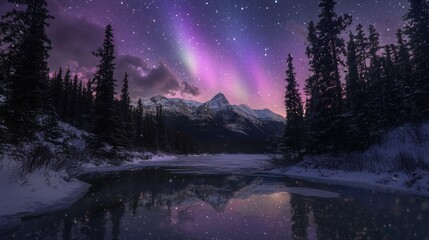 Enchanting Aurora Borealis Reflection on Frozen Lake - Surreal Skyscape with Snow-Covered Trees under Starry Night Sky | Ultra-Detailed