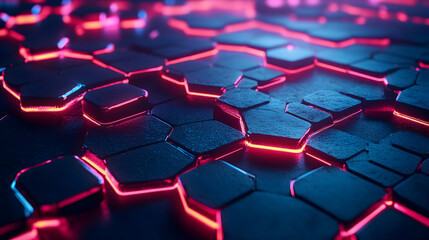 Fototapeta premium A dark metallic hexagonal grid with glowing pink neon edges, creating a futuristic and high-tech aesthetic.