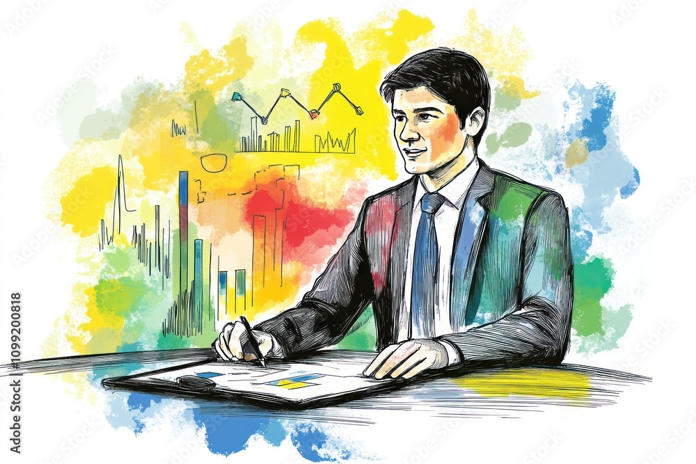 Poster a professional man analyzes data, surrounded by colorful charts and graphs.