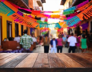 Obraz premium Bustling Mexican street market with traditional decorations and happy crowd