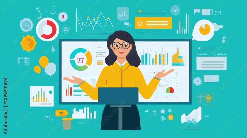 Poster a woman presenting data analytics with charts and graphs in a professional setting.