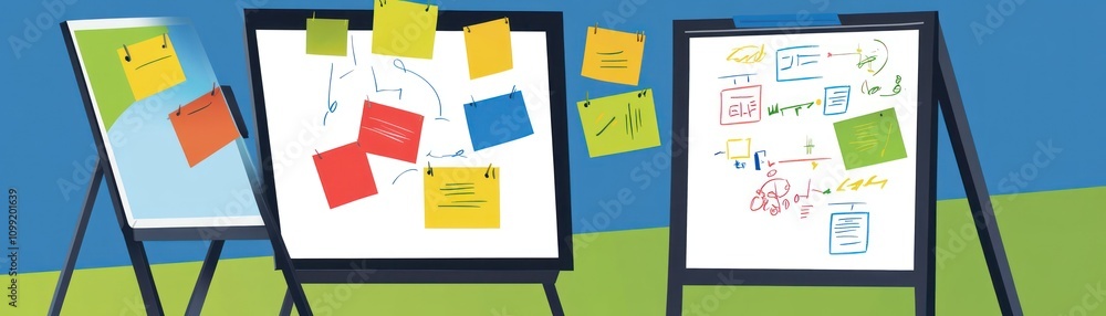 Poster three whiteboards with colorful sticky notes and diagrams for brainstorming and planning.