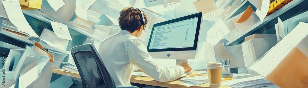 Poster a person working at a cluttered desk surrounded by paperwork and a computer.