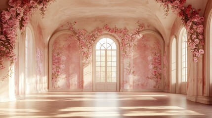 Naklejka premium Elegant pink hall with floral accents; arched windows and walls. Ideal for romantic, feminine themes; perfect backdrop for portraits, product shots.