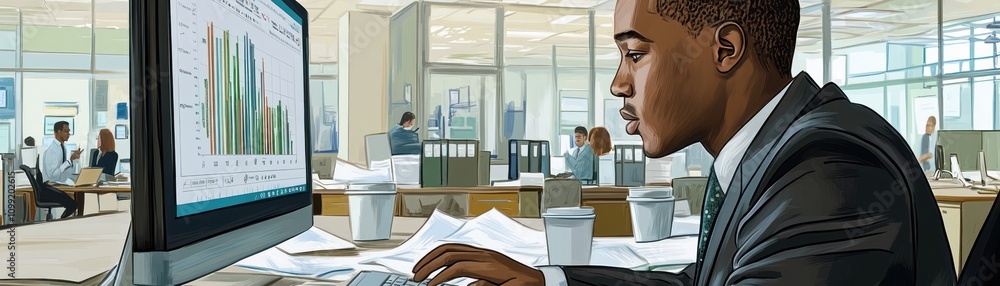 Poster a focused professional analyzes data on a computer in a busy office environment.