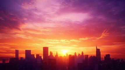 Fototapeta premium Urban Beauty: Fiery Sunset over Vibrant City Skyline - Ultra-Detailed Skyscape with Silhouetted Skyscrapers in Brilliant Oranges and Purples
