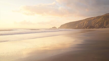 Fototapeta premium Serene Coastal Dawn - Golden Light Skyscape with Gentle Waves | Ultra-Detailed Tranquil Seaside Scenery