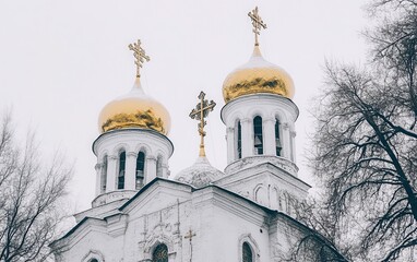 Obraz premium A close-up view of the Cathedral in Veliky Novgorod with its radiant golden domes and ornate crosses, framed against a blank white sky, capturing the majesty of Russian Orthodox design