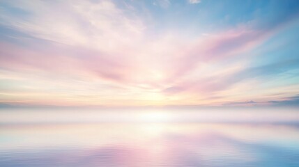Fototapeta premium Serene Dawn Skyscape Over Quiet Lake - Tranquil Atmosphere with Soft Light Breaking Through Fog for Relaxation and Calm Imagery
