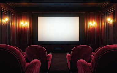 Fototapeta premium A minimalist photorealistic photograph of a cinema hall with velvet armchairs and a white screen on the wall, set in dark red tones and a brown wooden panel background