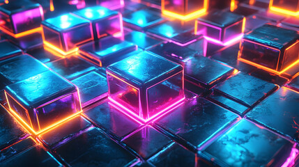 Obraz premium A dramatic futuristic arrangement of illuminated glass-like 3D blocks glowing in neon pink, cyan, and orange tones.