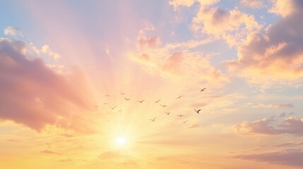 Fototapeta premium Majestic Sunset Skyscape with Silhouette of Birds in Flight Symbolizing Freedom and Movement