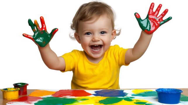 Joyful child with painted hands smiling at the table covered in vibrant colors. isolate transparent PNG background.