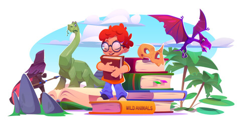 Kid read open magic fairy tale book about adventure. School library storybook for dinosaur and environment education. Ancient legend and boy imagination landscape concept. Knight man in fairytale © klyaksun