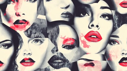 Abstract Faces Collage with Red Lips - Modern Graphic Art Print