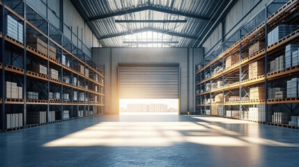 Fototapeta premium A spacious warehouse interior with shelves and a loading door, illuminated by sunlight.
