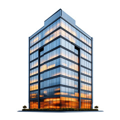 Fototapeta premium 3D Modern glass office building reflecting sunset colors against a clear sky. isolate transparent PNG background.
