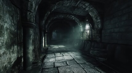 Fototapeta premium A dimly lit stone corridor with arches and fog, evoking a mysterious atmosphere.