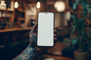 Hand of a tattooed man holding a blank white screen mobile phone in a coffee shop, a mockup with copy space for your text and information, marketing promotion, or social media post template concept