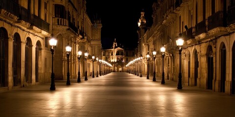 Obraz premium A serene, illuminated street at night, showcasing architectural beauty and tranquility.