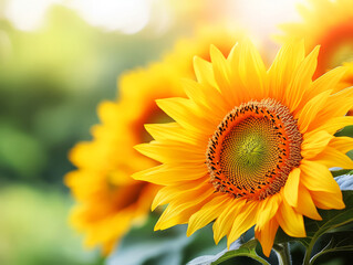 Obraz premium Bright Sunflower Blooms in a Lush Green Garden with Soft Light Filtering Through Leaves