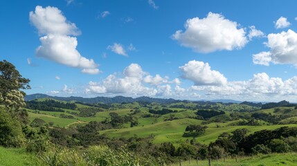 Peaceful Panoramic Skyscape: Clear Blue Sky, Fluffy Clouds, Green Rolling Hills - Ultra-Detailed Nature Scene