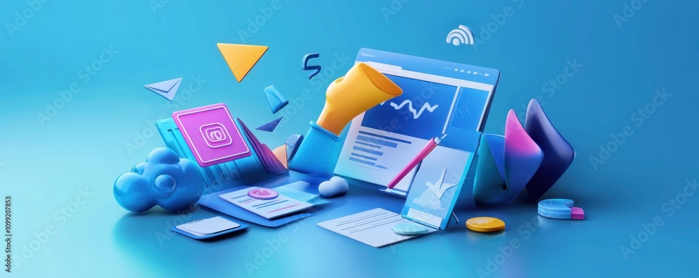 Poster a vibrant digital workspace featuring various tech devices and graphical elements.