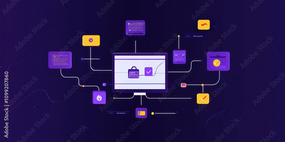 Aufkleber digital security illustration with a monitor and various security-related icons connected.