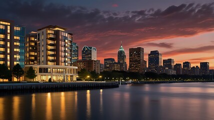 Fototapeta premium Riverfront promenade with modern architecture and soft evening light, creating a sleek and serene urban backdrop
