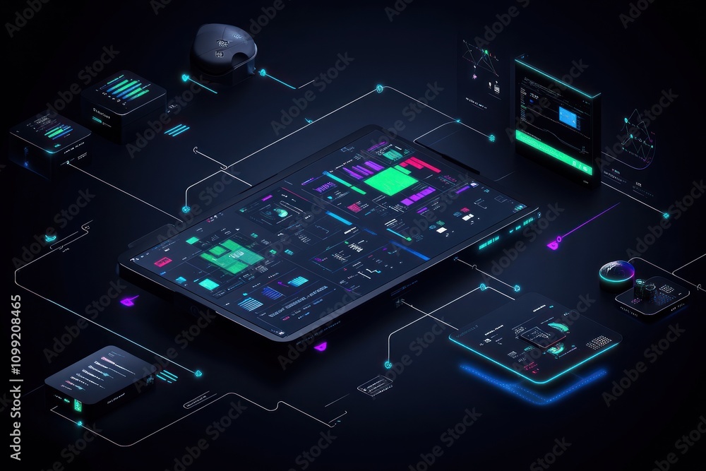 Poster a digital interface showcasing futuristic technology and data visualization.
