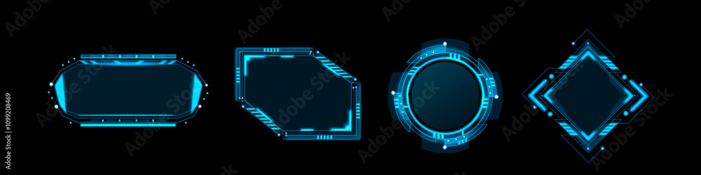 Fototapete futuristic glowing frames in neon blue set on dark background. geometric tech designs of oval, asymm