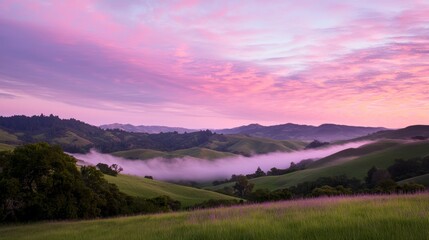 Obraz premium Serene Dawn: Enchanting Skyscape Over Rolling Hills with Pink and Purple Hues in Mystical Fog - Ultra-Detailed Landscape Photography