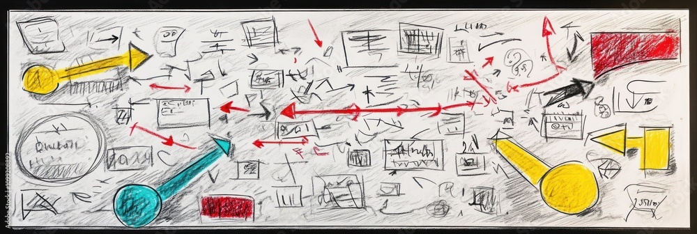 Poster a colorful, abstract diagram showcasing various concepts and ideas with arrows and sketches.