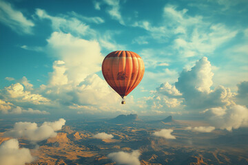 Obraz premium Hot air balloon soaring over picturesque landscape under a vibrant sky with fluffy clouds