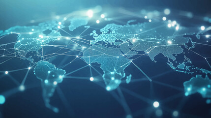 Dynamic digital world map emphasize Western Europe continental for AI powered global network connectivity big data transfer cyber technology network information exchange and telecommunication concept. © Pickoloh