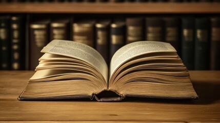 Obraz premium Open book with aged pages on a wooden table in a library setting