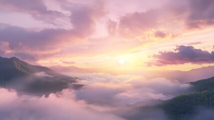 Fototapeta premium Mystical Sunrise Skyscape with Misty Clouds Rolling over Hills - Perfect for Fantasy and Adventure Themes