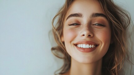 Fototapeta premium Joyful Woman with Radiant Smile Against Neutral Background