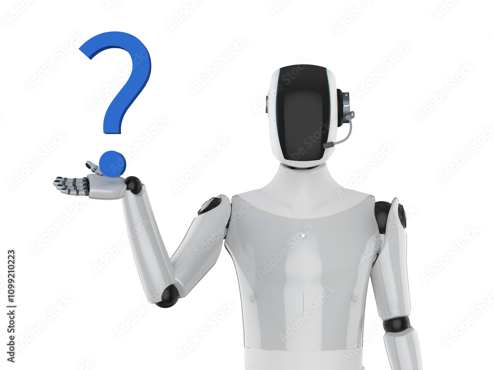 Poster humanoid robot with question mark isolated on white