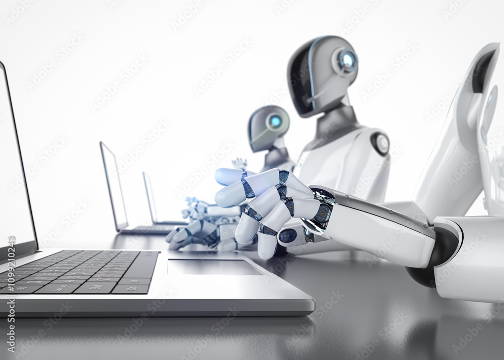Poster group of humanoid robots with laptop computers isolated on white