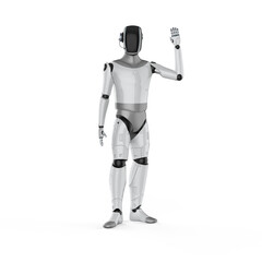 Fototapeta premium Humanoid robot with black face hand up isolated on white