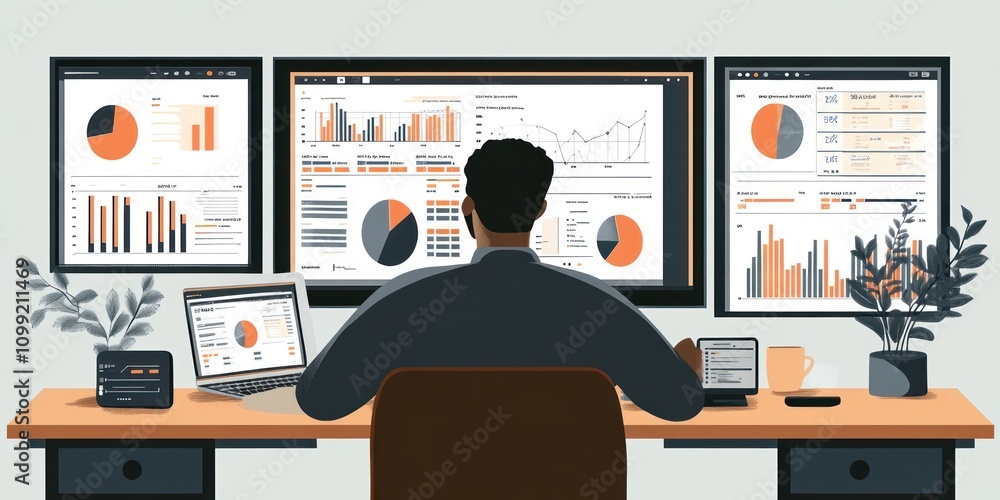 Aufkleber a person analyzes data on multiple screens in a modern office setting.