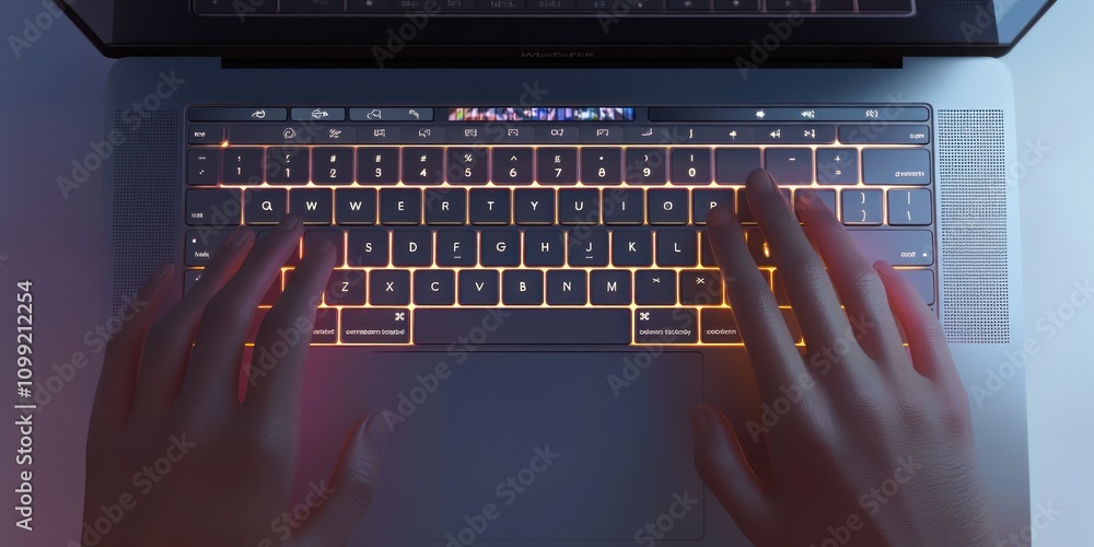 Poster a close-up of hands typing on a backlit laptop keyboard in a dimly lit environment.
