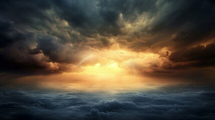 Fototapeta premium Majestic Stormy Skyscape with Dramatic Dark Clouds, Lightning Flashes Over Vast Landscape, Nature's Power and Beauty Captured in Ultra-Detailed Image