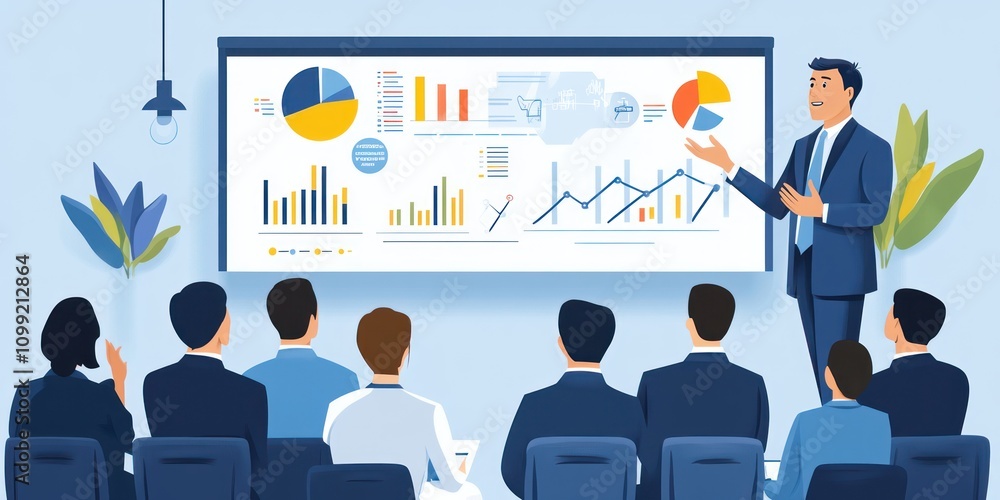 Poster a business presentation with charts and graphs, showcasing data to an audience.