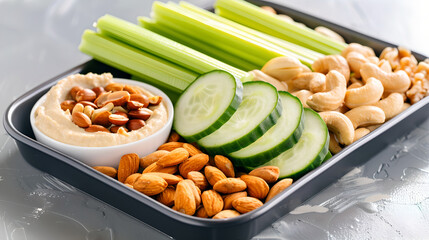 healthy tray of low calorie snacks featuring celery, nuts, and cucumber