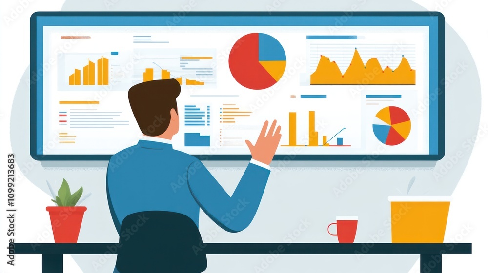 Poster a person analyzes data on a digital screen filled with charts and graphs.