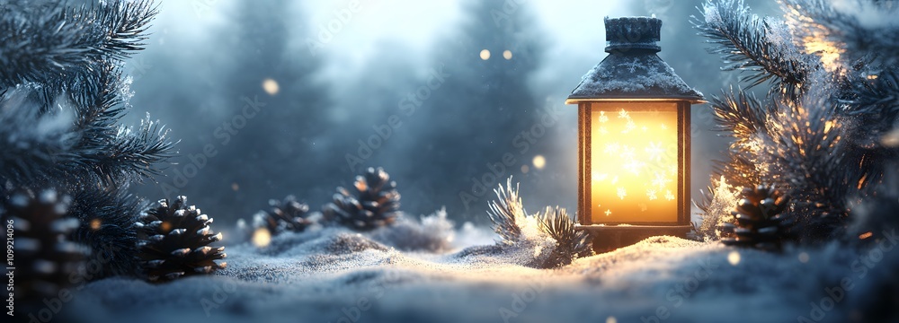 Poster a glowing lantern surrounded by frosty pine cones and snowflakes, with a soft winter background. emp