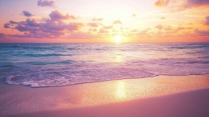 Obraz premium Serene Sunrise at Tranquil Beach with Soft Waves - Ultra-Detailed Scenic Seascape in Vibrant Orange and Pink Hues