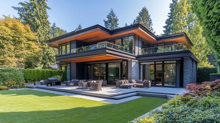 Obraz premium Modern luxury home with large backyard patio and lush landscaping.